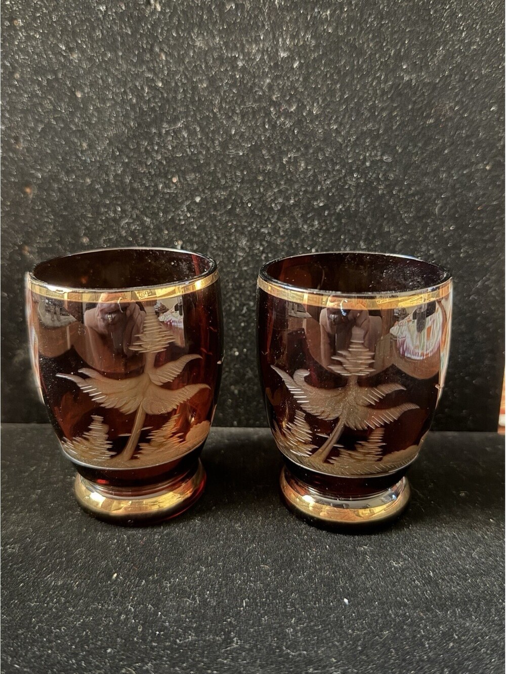 VINTAGE Egermann Amber GOLD RIM Czech Republic Bohemian Shot GLASS Asian Pair